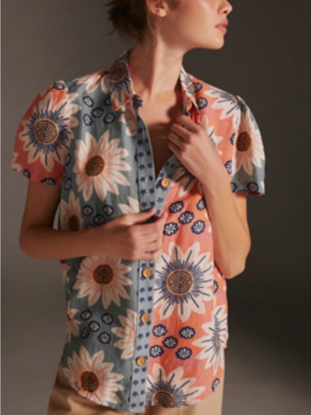 FARM Rio Peach & Sage Floral Short Sleeve linen blend Button-Down Shirt